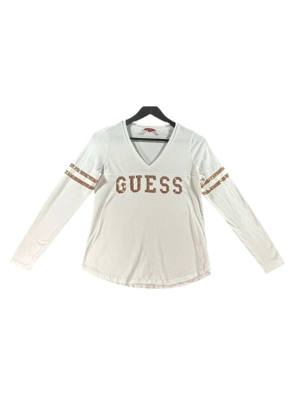 GUESS Womenās Small White Gold Sequin Logo Long Sleeve V-Neck Top